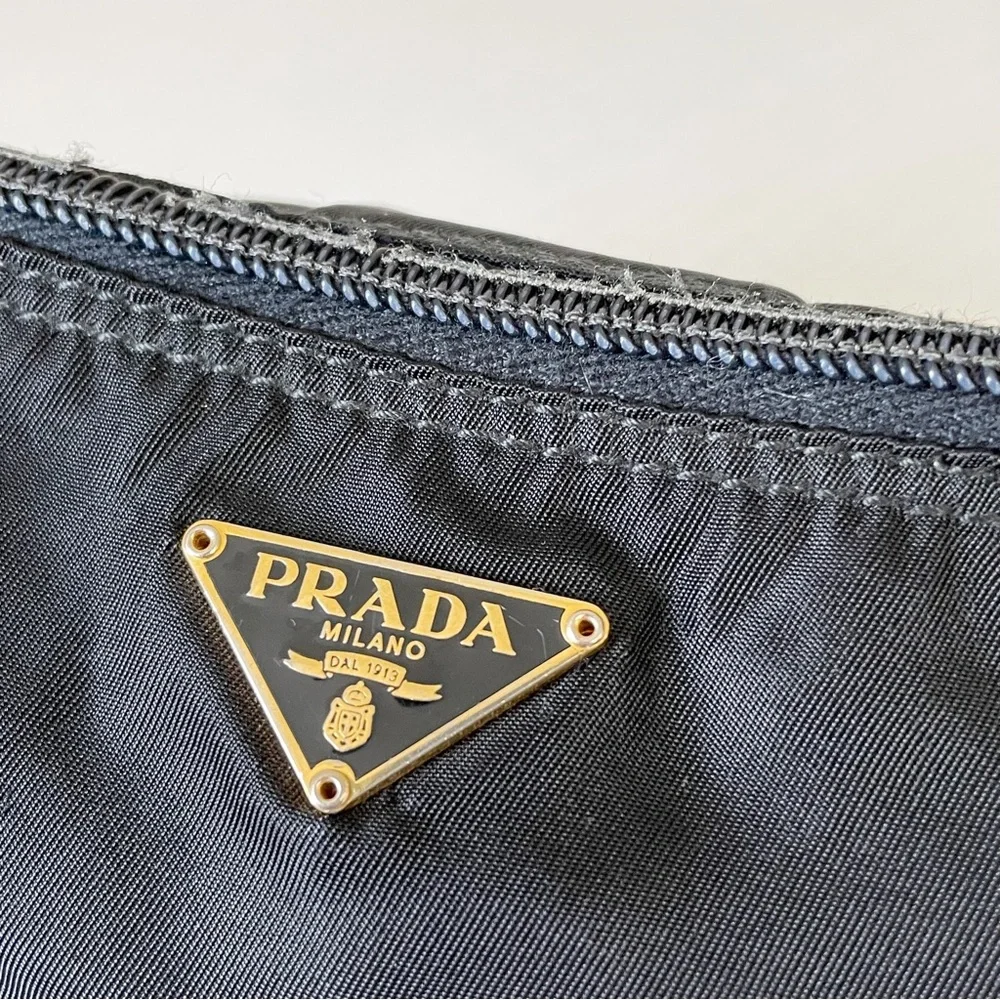 Prada black nylon gold triangle logo zip pouch - Picture 2 of 10
